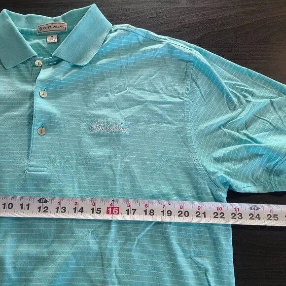 Peter Millar Sea Island Embroidered Striped Golf Polo Shirt Teal Blue Medium - Picture 5 of 7